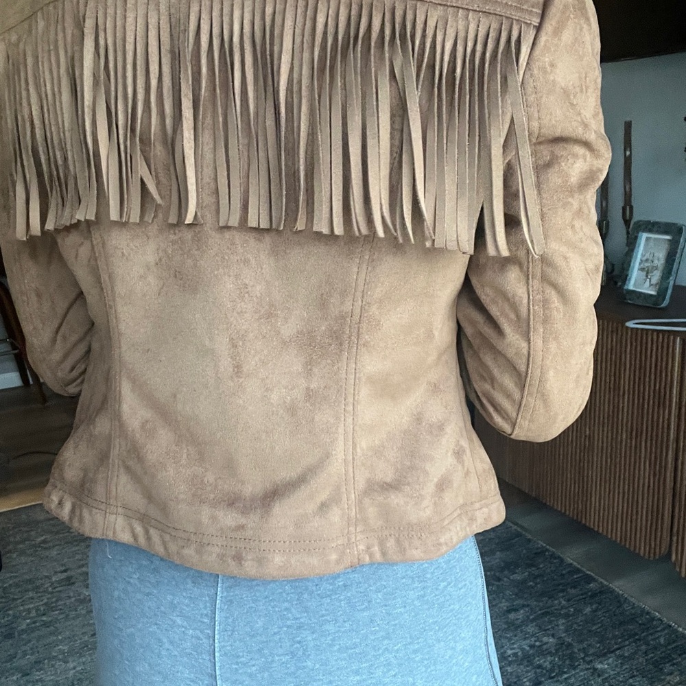 Black Rivet Tan Leather Jacket with Fringe - Picture 3 of 7